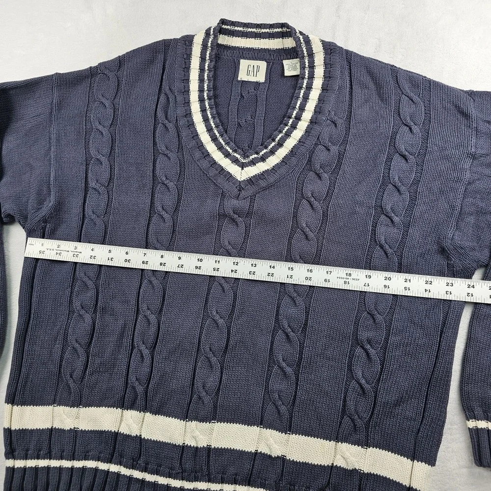 Vtg GAP Cable Knit V Neck Sweater Mens L Navy & White Cricket Tennis Preppy 90s